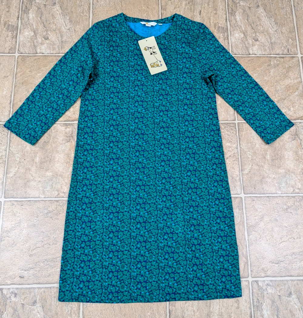 Boden sz US 4 Shift Dress green & blue floral print knit 3/4 sleeves women 1415